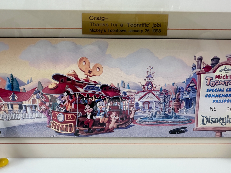 Shadowbox Framed Unused Disneyland Mickey's Toontown Special Edition Commemorative Passport Ticket With Pair Of Small Mickey Mouse And Minnie Mouse Figurines 1993 16W X 6.24H X 2D [Photo 7]