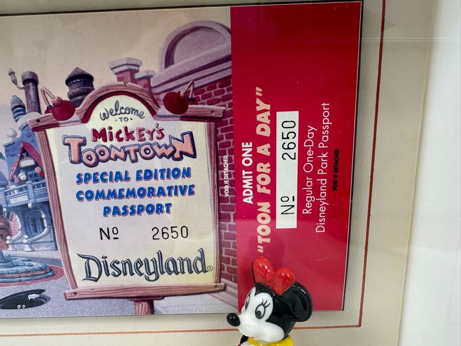 Shadowbox Framed Unused Disneyland Mickey's Toontown Special Edition Commemorative Passport Ticket With Pair Of Small Mickey Mouse And Minnie Mouse Figurines 1993 16W X 6.24H X 2D [Photo 4]