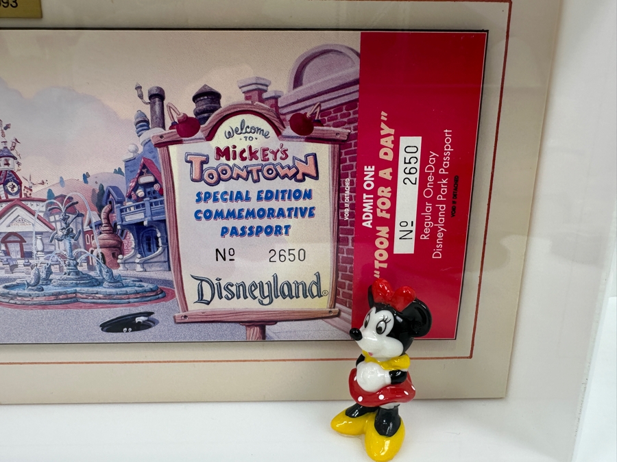 Shadowbox Framed Unused Disneyland Mickey's Toontown Special Edition Commemorative Passport Ticket With Pair Of Small Mickey Mouse And Minnie Mouse Figurines 1993 16W X 6.24H X 2D [Photo 2]