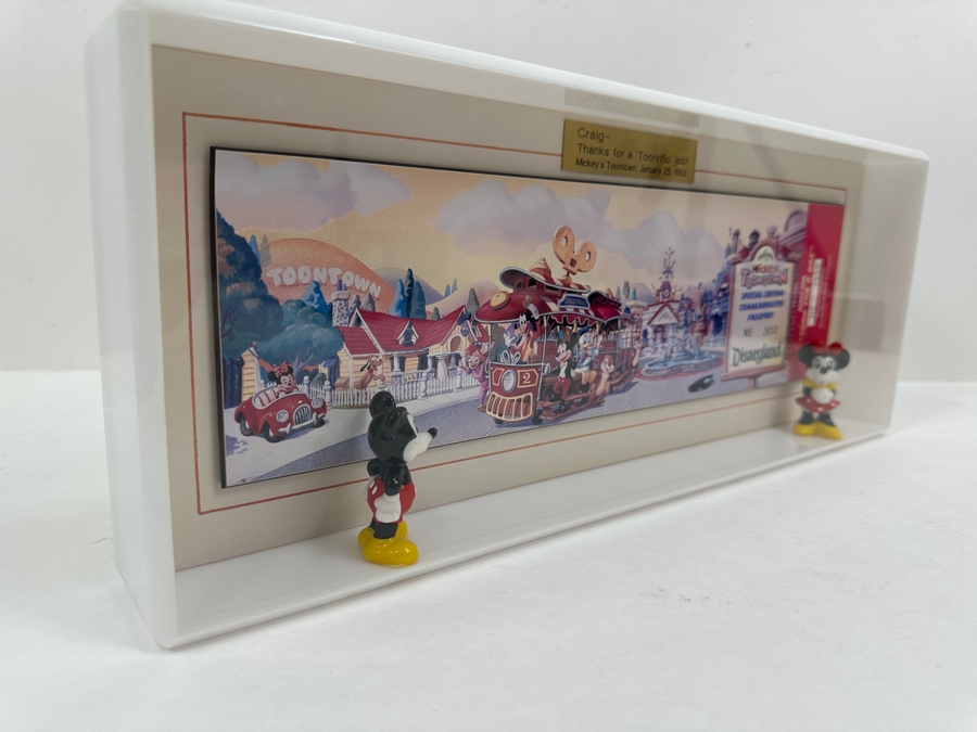 Shadowbox Framed Unused Disneyland Mickey's Toontown Special Edition Commemorative Passport Ticket With Pair Of Small Mickey Mouse And Minnie Mouse Figurines 1993 16W X 6.24H X 2D [Photo 10]