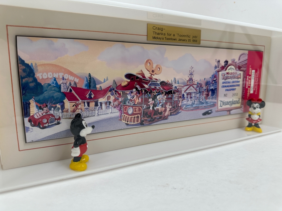 Shadowbox Framed Unused Disneyland Mickey's Toontown Special Edition Commemorative Passport Ticket With Pair Of Small Mickey Mouse And Minnie Mouse Figurines 1993 16W X 6.24H X 2D [Photo 11]