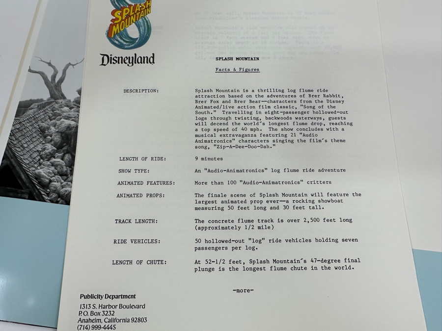 Vintage 1988 Splash Mountain Disneyland Ride Attraction Media Press Kit (Closed Ride In 2023) [Photo 16]
