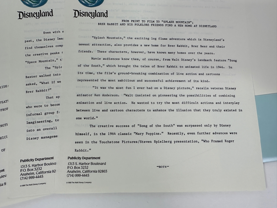 Vintage 1988 Splash Mountain Disneyland Ride Attraction Media Press Kit (Closed Ride In 2023) [Photo 14]