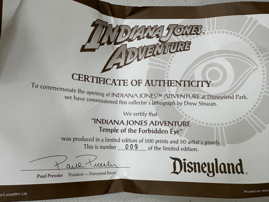 Rare Vintage 1995 Indiana Jones Adventure Disneyland Lithograph Signed By Michael Eisner & Artist Drew Struzen W/ COA Limited Edition Numbered 9 Of 500 25.5 X 38 [Photo 12]