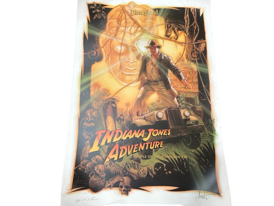 Rare Vintage 1995 Indiana Jones Adventure Disneyland Lithograph Signed By Michael Eisner & Artist Drew Struzen W/ COA Limited Edition Numbered 9 Of 500 25.5 X 38