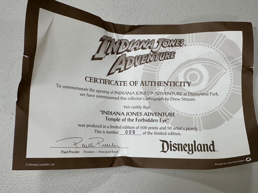 Rare Vintage 1995 Indiana Jones Adventure Disneyland Lithograph Signed By Michael Eisner & Artist Drew Struzen W/ COA Limited Edition Numbered 9 Of 500 25.5 X 38 [Photo 11]