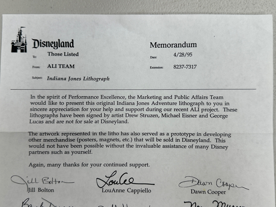 Rare Vintage 1995 Indiana Jones Adventure Disneyland Lithograph Signed By George Lucas, Michael Eisner & Artist Drew Struzen W/ Disneyland Letterhead Memo - Limited Edition Artist Proof 28 Of 50 For Members Of The Disneyland ALI Team 25.5 X 38 [Photo 4]