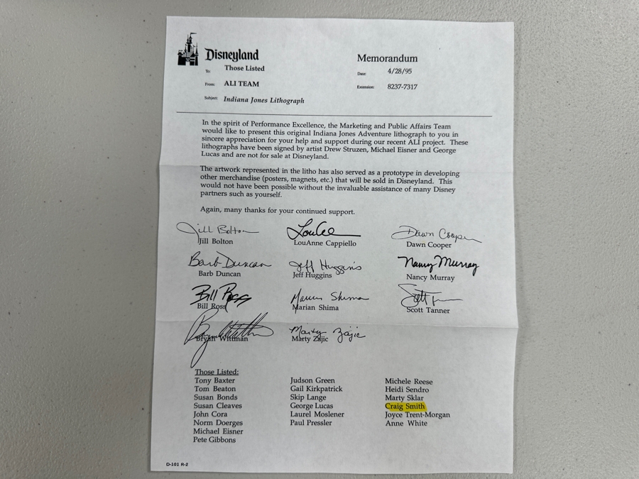 Rare Vintage 1995 Indiana Jones Adventure Disneyland Lithograph Signed By George Lucas, Michael Eisner & Artist Drew Struzen W/ Disneyland Letterhead Memo - Limited Edition Artist Proof 28 Of 50 For Members Of The Disneyland ALI Team 25.5 X 38 [Photo 17]