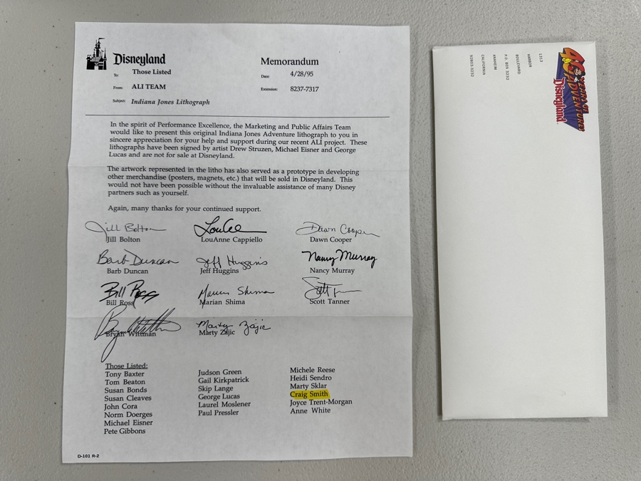 Rare Vintage 1995 Indiana Jones Adventure Disneyland Lithograph Signed By George Lucas, Michael Eisner & Artist Drew Struzen W/ Disneyland Letterhead Memo - Limited Edition Artist Proof 28 Of 50 For Members Of The Disneyland ALI Team 25.5 X 38 [Photo 3]