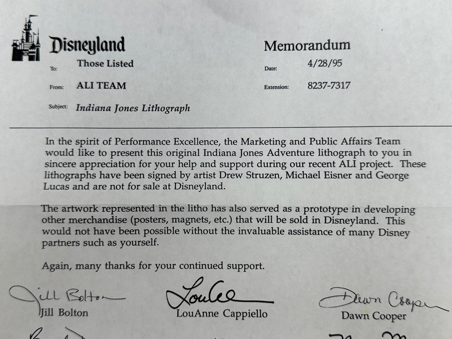 Rare Vintage 1995 Indiana Jones Adventure Disneyland Lithograph Signed By George Lucas, Michael Eisner & Artist Drew Struzen W/ Disneyland Letterhead Memo - Limited Edition Artist Proof 28 Of 50 For Members Of The Disneyland ALI Team 25.5 X 38 [Photo 18]