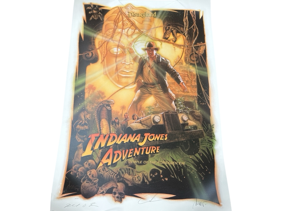 Rare Vintage 1995 Indiana Jones Adventure Disneyland Lithograph Signed By George Lucas, Michael Eisner & Artist Drew Struzen W/ Disneyland Letterhead Memo - Limited Edition Artist Proof 28 Of 50 For Members Of The Disneyland ALI Team 25.5 X 38