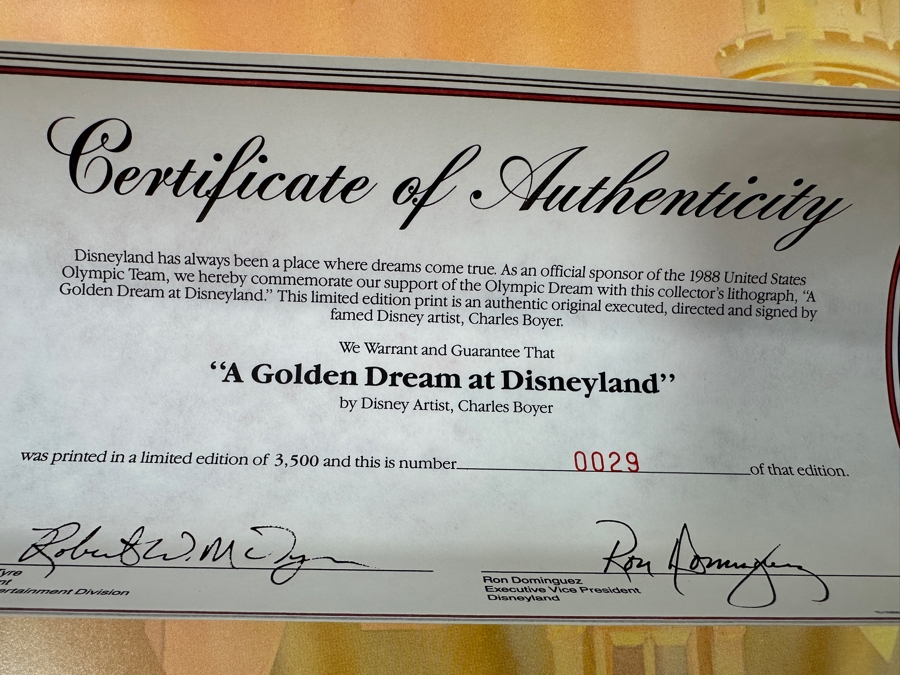 Charles Boyer (1935-2021, American) Limited Edition Artist Signed Lithograph 1988 'A Golden Dream At Disneyland' Numbered 29 Of 3,500 With COA 20 X 30 [Photo 9]