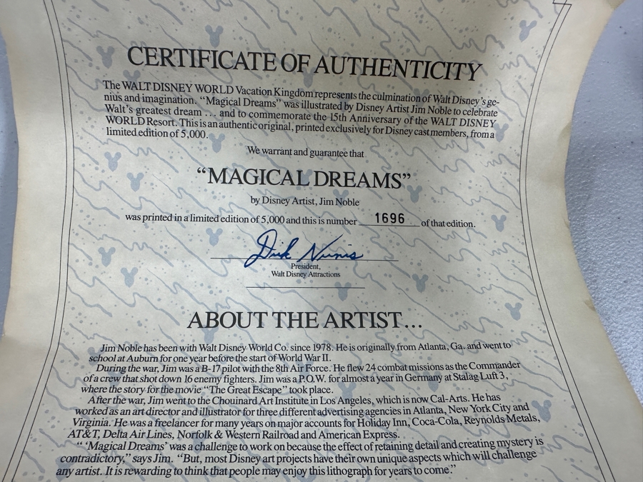 Jim Noble Walt Disney World Vacation Kingdown Limited Edition Artist Signed Lithograph 'Magical Dreams' Numbered 1,696 Of 5,000 With COA 22 X 28 [Photo 11]