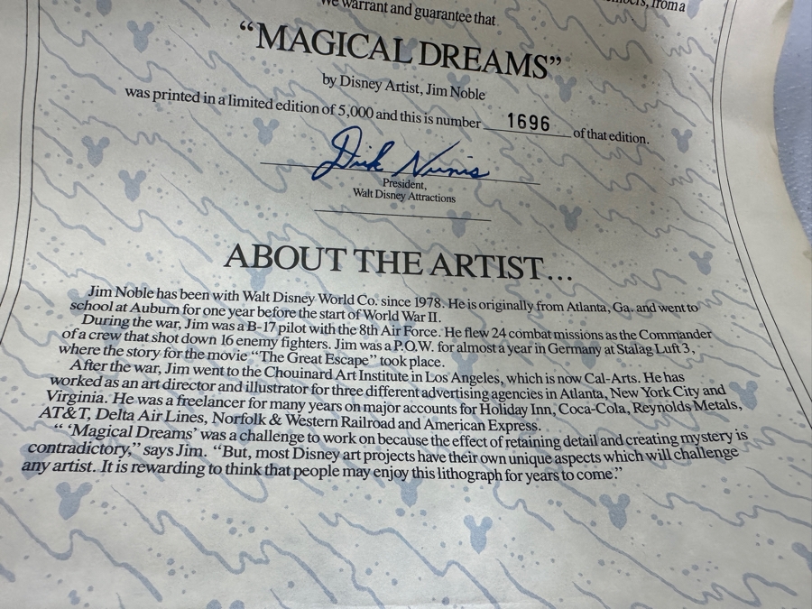 Jim Noble Walt Disney World Vacation Kingdown Limited Edition Artist Signed Lithograph 'Magical Dreams' Numbered 1,696 Of 5,000 With COA 22 X 28 [Photo 13]