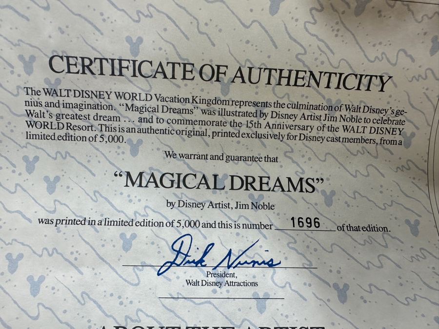 Jim Noble Walt Disney World Vacation Kingdown Limited Edition Artist Signed Lithograph 'Magical Dreams' Numbered 1,696 Of 5,000 With COA 22 X 28 [Photo 12]