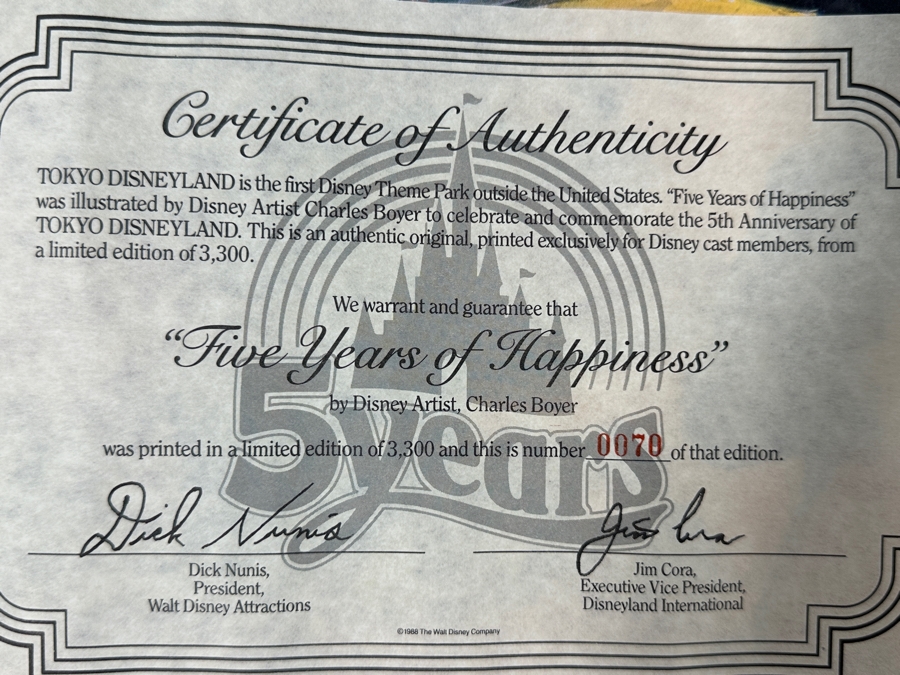 Charles Boyer (1935-2021, American) Limited Edition Artist Signed Lithograph 1983 'Five Years Of Happiness' To Commemorate The 5th Anniversary Of Tokyo Disneyland Numbered 70 Of 3,300 With COA 20 X 30 [Photo 9]