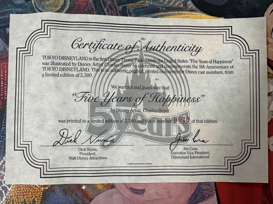 Charles Boyer (1935-2021, American) Limited Edition Artist Signed Lithograph 1983 'Five Years Of Happiness' To Commemorate The 5th Anniversary Of Tokyo Disneyland Numbered 70 Of 3,300 With COA 20 X 30 [Photo 8]