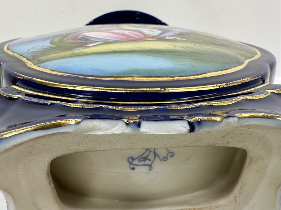 Just Added - Sevres Porcelain Cobalt Blue Hand Painted Handled Vase Double-Sided With A Blue Sevres Mark - Reverse Side Has A Missing Piece At Base 9W X 12H [Photo 11]