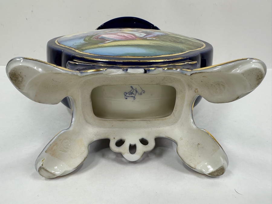 Just Added - Sevres Porcelain Cobalt Blue Hand Painted Handled Vase Double-Sided With A Blue Sevres Mark - Reverse Side Has A Missing Piece At Base 9W X 12H [Photo 10]