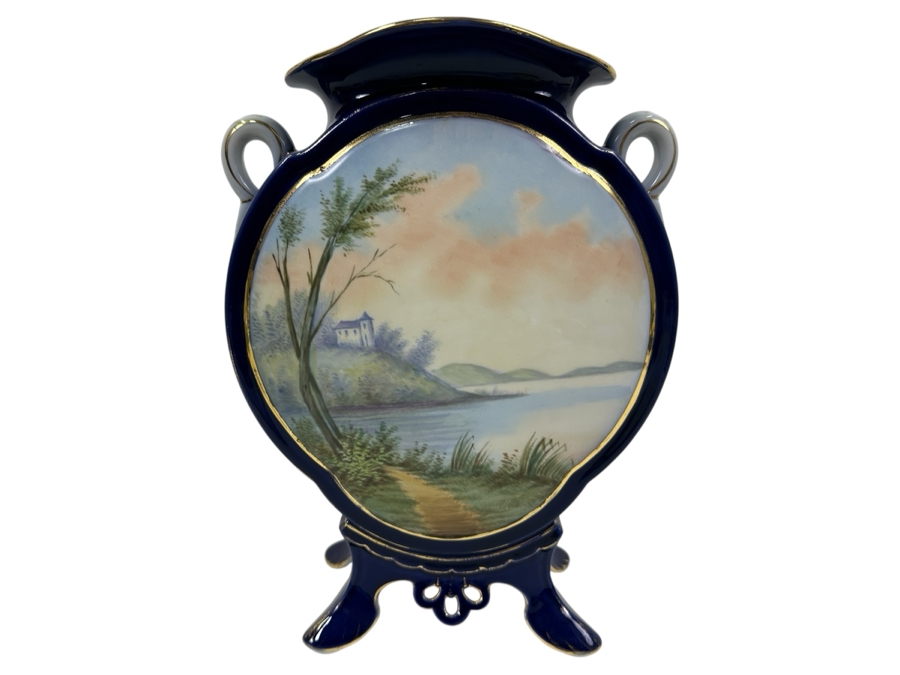 Just Added - Sevres Porcelain Cobalt Blue Hand Painted Handled Vase Double-Sided With A Blue Sevres Mark - Reverse Side Has A Missing Piece At Base 9W X 12H [Photo 1]