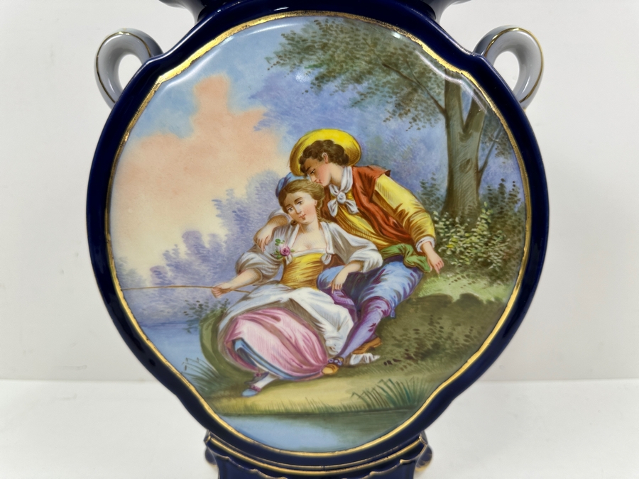 Just Added - Sevres Porcelain Cobalt Blue Hand Painted Handled Vase Double-Sided With A Blue Sevres Mark - Reverse Side Has A Missing Piece At Base 9W X 12H [Photo 7]