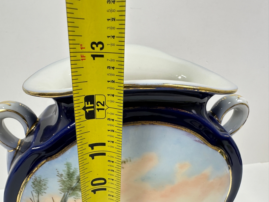 Just Added - Sevres Porcelain Cobalt Blue Hand Painted Handled Vase Double-Sided With A Blue Sevres Mark - Reverse Side Has A Missing Piece At Base 9W X 12H [Photo 15]