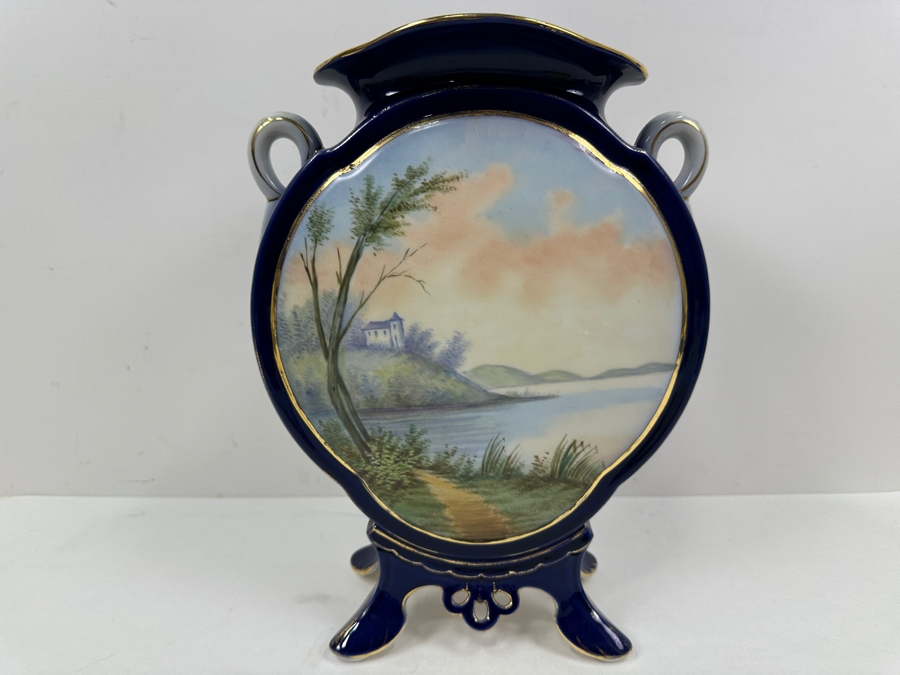 Just Added - Sevres Porcelain Cobalt Blue Hand Painted Handled Vase Double-Sided With A Blue Sevres Mark - Reverse Side Has A Missing Piece At Base 9W X 12H [Photo 2]