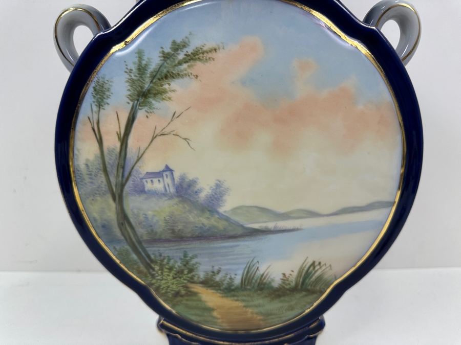 Just Added - Sevres Porcelain Cobalt Blue Hand Painted Handled Vase Double-Sided With A Blue Sevres Mark - Reverse Side Has A Missing Piece At Base 9W X 12H [Photo 3]