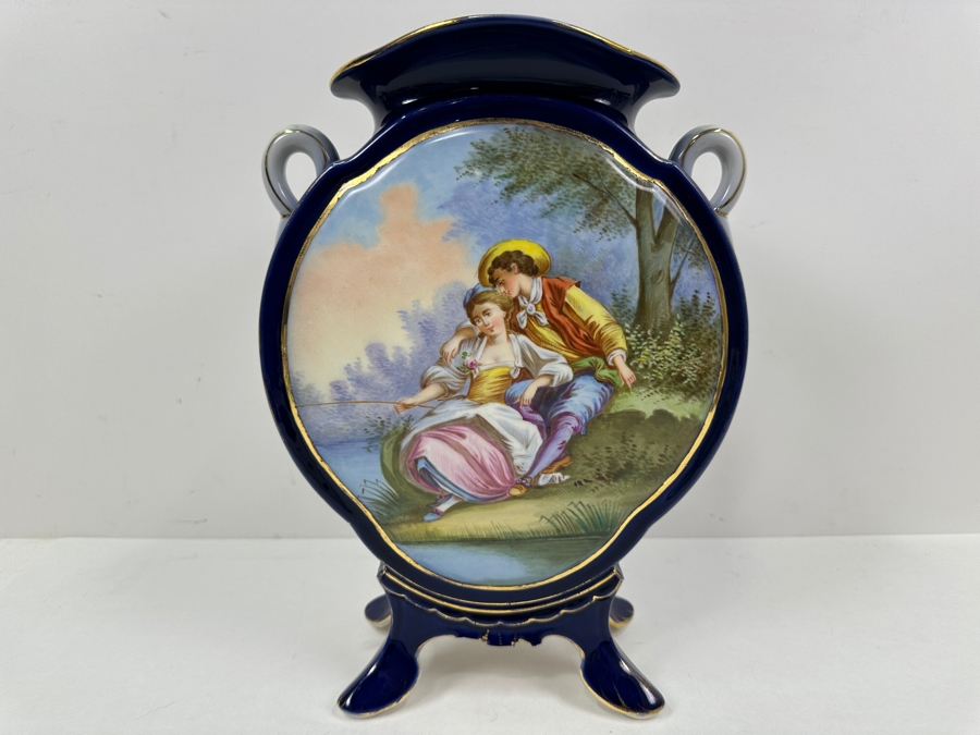 Just Added - Sevres Porcelain Cobalt Blue Hand Painted Handled Vase Double-Sided With A Blue Sevres Mark - Reverse Side Has A Missing Piece At Base 9W X 12H [Photo 6]