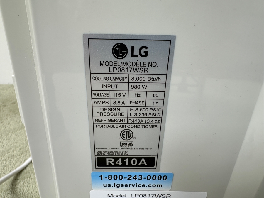 Just Added - LG Portable A/C Air Conditioner Model No. LP0817WSR 17W X 12D X 27H [Photo 8]