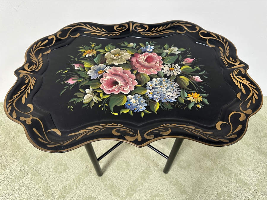 Just Added - Hand Painted Metal Tole Tray Nashco Products New York With Wooden Base Table 27W X 19D X 22.5H [Photo 3]
