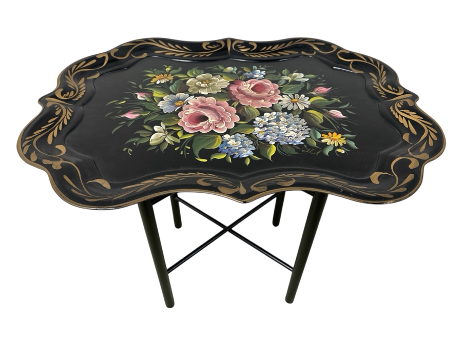 Just Added - Hand Painted Metal Tole Tray Nashco Products New York With Wooden Base Table 27W X 19D X 22.5H [Photo 1]