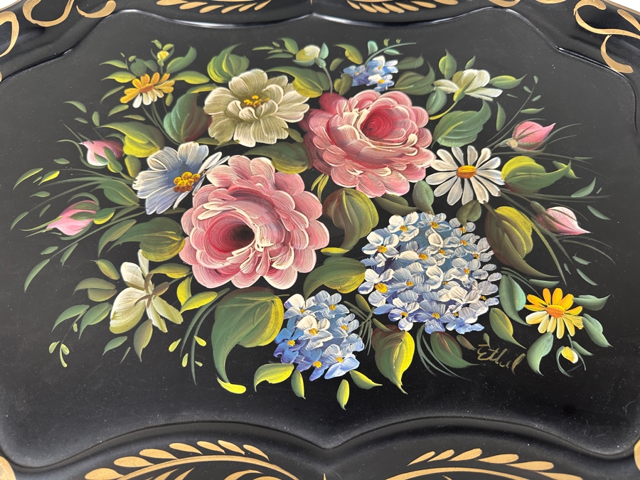 Just Added - Hand Painted Metal Tole Tray Nashco Products New York With Wooden Base Table 27W X 19D X 22.5H [Photo 4]