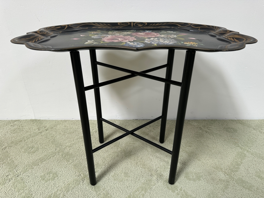 Just Added - Hand Painted Metal Tole Tray Nashco Products New York With Wooden Base Table 27W X 19D X 22.5H [Photo 6]