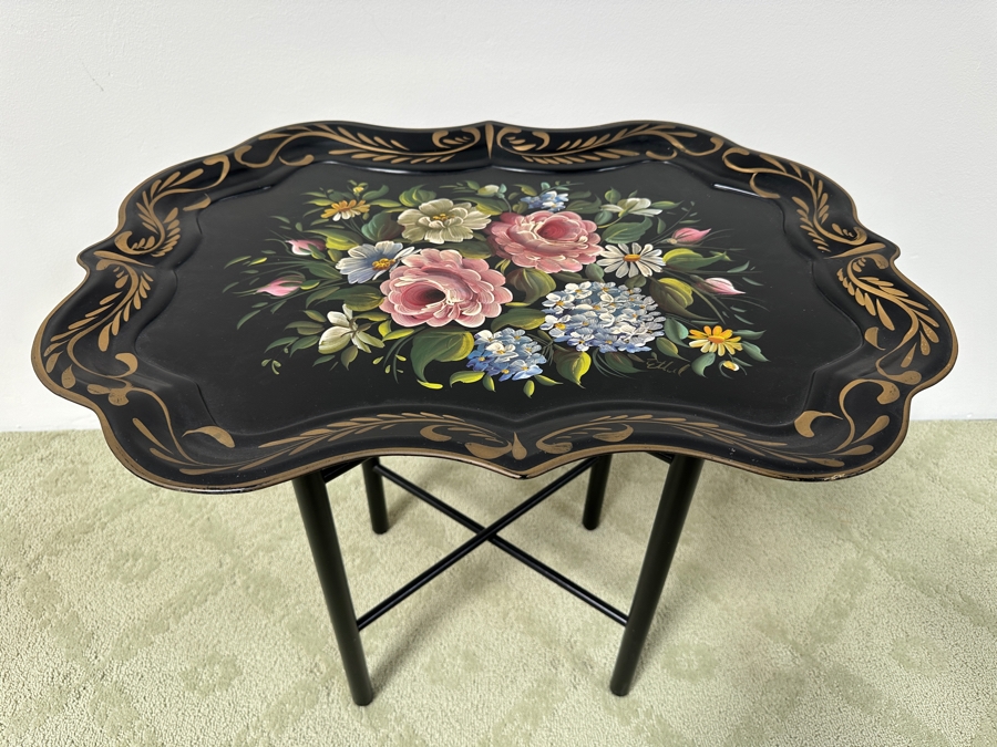 Just Added - Hand Painted Metal Tole Tray Nashco Products New York With Wooden Base Table 27W X 19D X 22.5H [Photo 2]