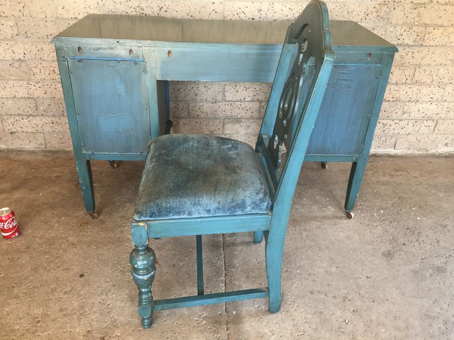 Vintage Blue Desk On Casters with Chair [Photo 11]