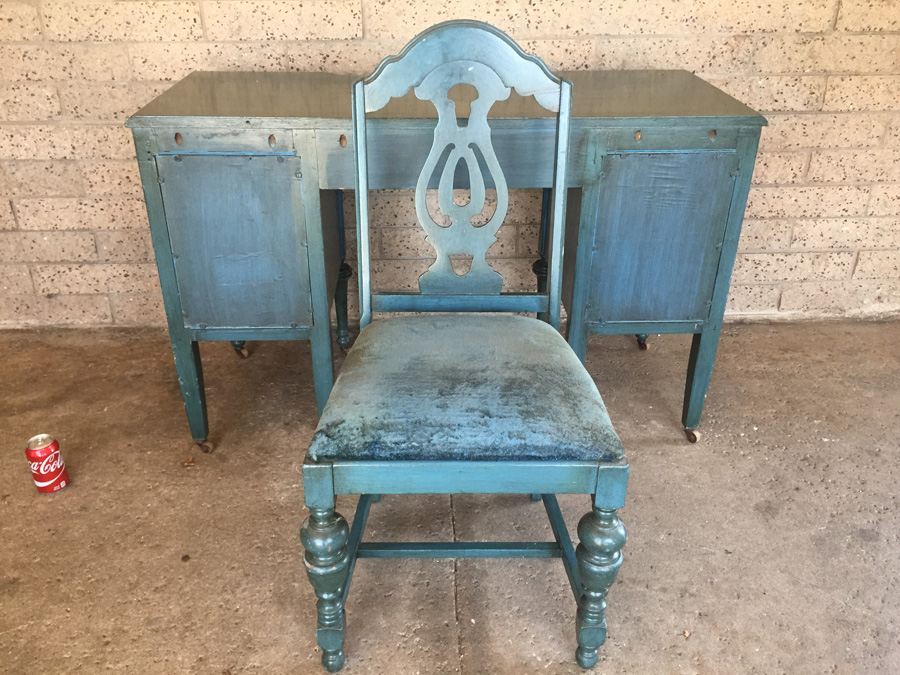 Vintage Blue Desk On Casters with Chair [Photo 12]