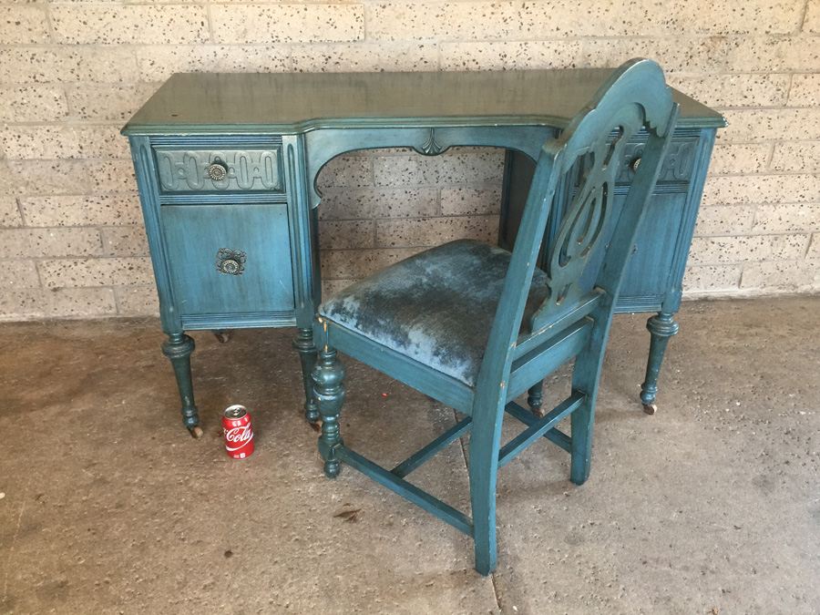 Vintage Blue Desk On Casters with Chair