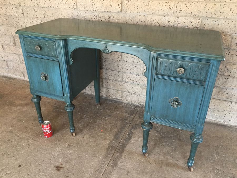 Vintage Blue Desk On Casters with Chair