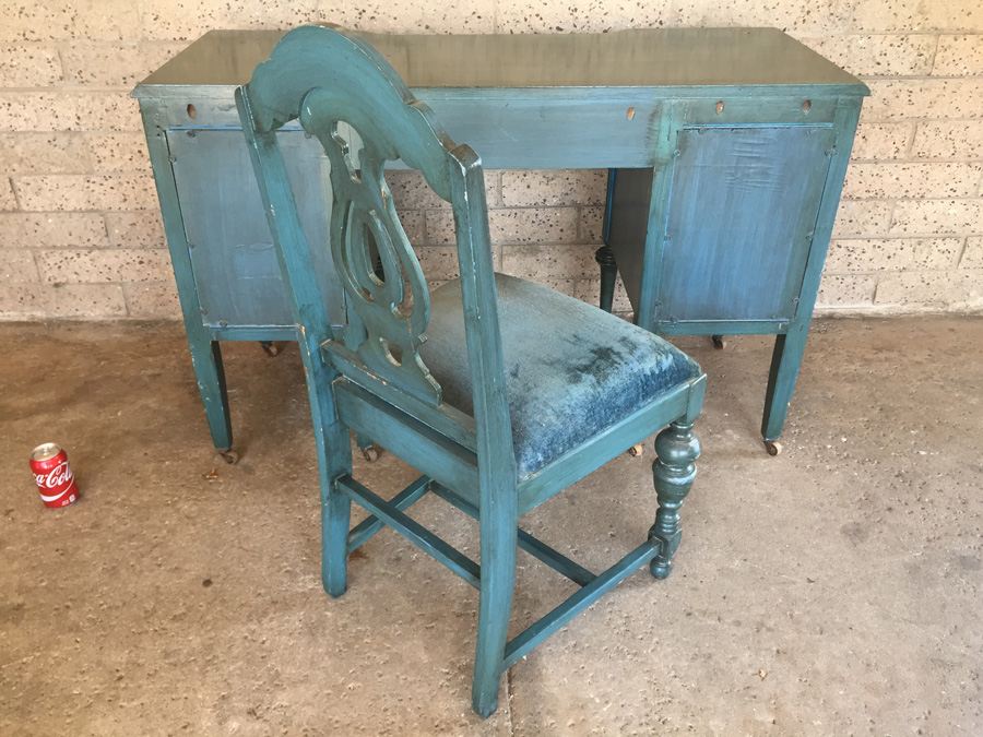 Vintage Blue Desk On Casters with Chair [Photo 13]