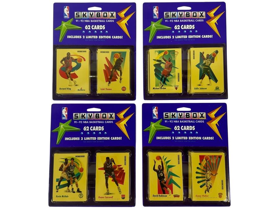 Just Added - (4) Vintage 1991-1992 Factory Sealed Skybox NBA Basketball Cards Blister Packs - One Pack Showing Michael Jordan Card [Photo 1]