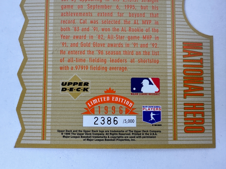 Just Added - Limited Edition 1996 Upper Deck Oversized Cal Ripken Jr. Baltimore Orioles MLB Baseball Card	 [Photo 3]