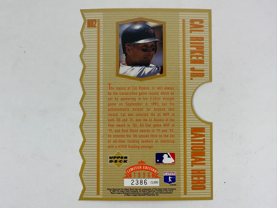 Just Added - Limited Edition 1996 Upper Deck Oversized Cal Ripken Jr. Baltimore Orioles MLB Baseball Card	 [Photo 2]