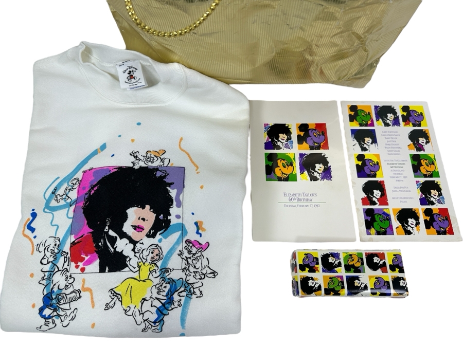Rare Original Elizabeth Taylor's 60th Birthday Party At Disneyland Resort Swag Bag Given To The Elite 1,000 Celebrities Attending The Event On Feb 27, 1992 8PM W/ Large Sweatshirt, Program Of Events, Invitation & New Wrapped White Diamonds Perfume