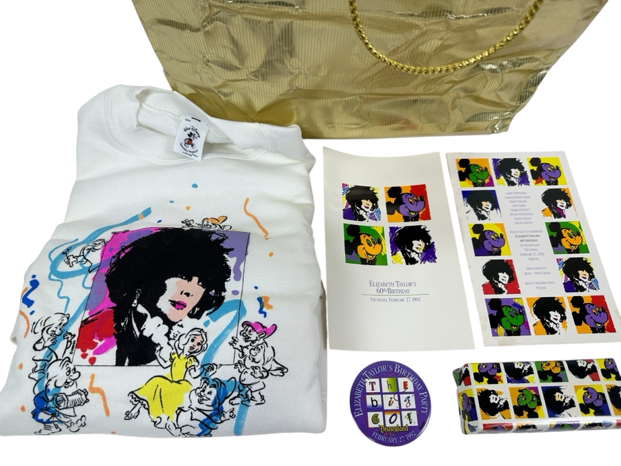 Rare Original Elizabeth Taylor's 60th Birthday Party At Disneyland Resort Swag Bag Given To The Elite 1,000 Celebrities Attending The Event Feb 27, 1992 8PM W/ Button, Large Sweatshirt, Program Of Events, Invitation & New Wrapped White Diamonds Perfume