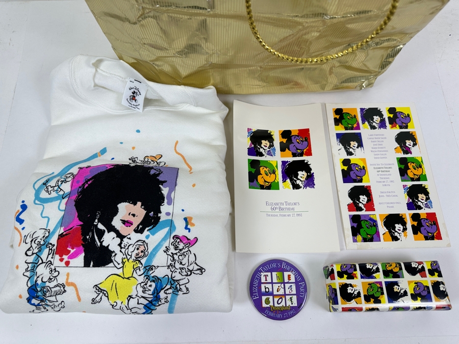 Rare Original Elizabeth Taylor's 60th Birthday Party At Disneyland Resort Swag Bag Given To The Elite 1,000 Celebrities Attending The Event Feb 27, 1992 8PM W/ Button, Large Sweatshirt, Program Of Events, Invitation & New Wrapped White Diamonds Perfume [Photo 2]