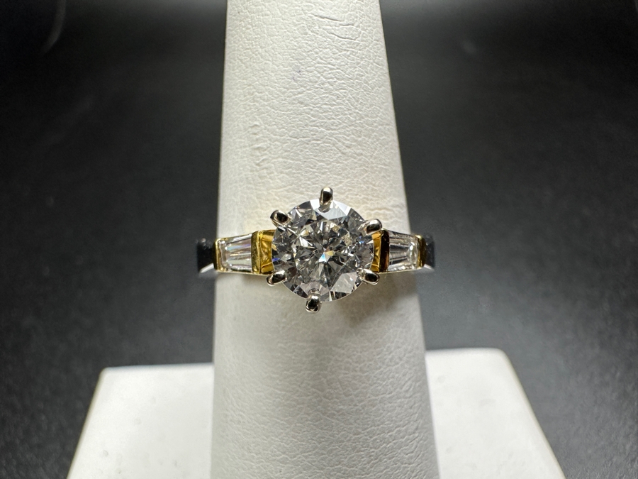 18k Gold Two Tone Ring with 5.6mm Round Brilliant .65ct SI G-H Diamond and 2 Tapered .15cttw Baguette Diamonds 5.3g Size 6.75 Retails $4,400 [Photo 2]