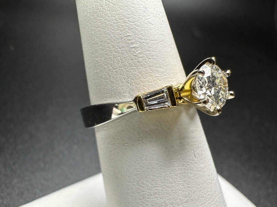 18k Gold Two Tone Ring with 5.6mm Round Brilliant .65ct SI G-H Diamond and 2 Tapered .15cttw Baguette Diamonds 5.3g Size 6.75 Retails $4,400 [Photo 4]