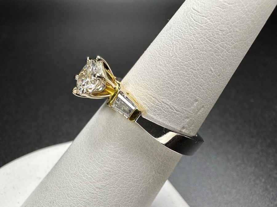 18k Gold Two Tone Ring with 5.6mm Round Brilliant .65ct SI G-H Diamond and 2 Tapered .15cttw Baguette Diamonds 5.3g Size 6.75 Retails $4,400 [Photo 6]