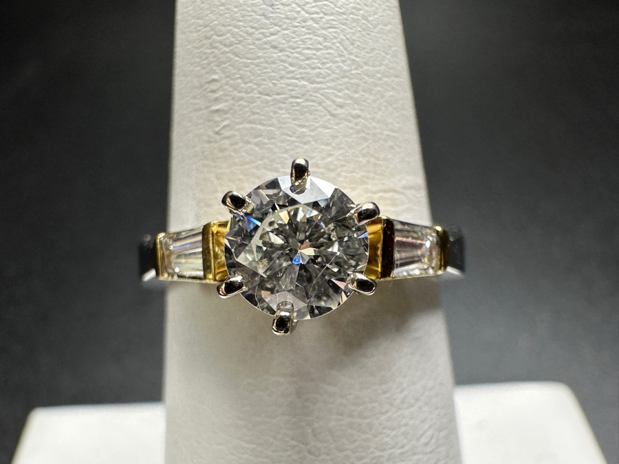 18k Gold Two Tone Ring with 5.6mm Round Brilliant .65ct SI G-H Diamond and 2 Tapered .15cttw Baguette Diamonds 5.3g Size 6.75 Retails $4,400 [Photo 3]